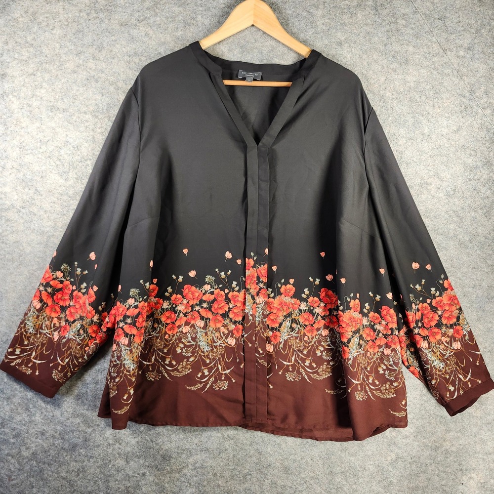 The Limited Floral Border Print V-Neck Tunic Blouse Black‎ Brown Red Poppy 2X
